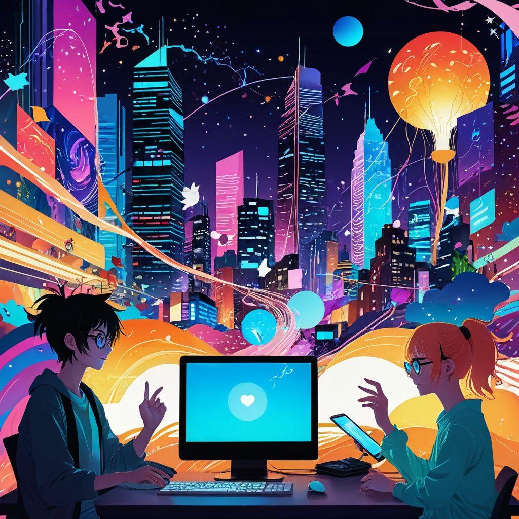 An artistic representation of an eclectic digital collage featuring a variety of playful and whimsical characters from anime art, positioned around a glowing computer screen showcasing colorful website interfaces. The scene should be vibrant and inviting, with soft gradients and sparkles that suggest a sense of exploration and fun. Include elements like fantasy landscapes and abstract shapes to emphasize creativity and freedom. Incorporate a modern city skyline in the background to hint at the digital nature of the web. surrealistic. vibrant colors. dynamic composition.